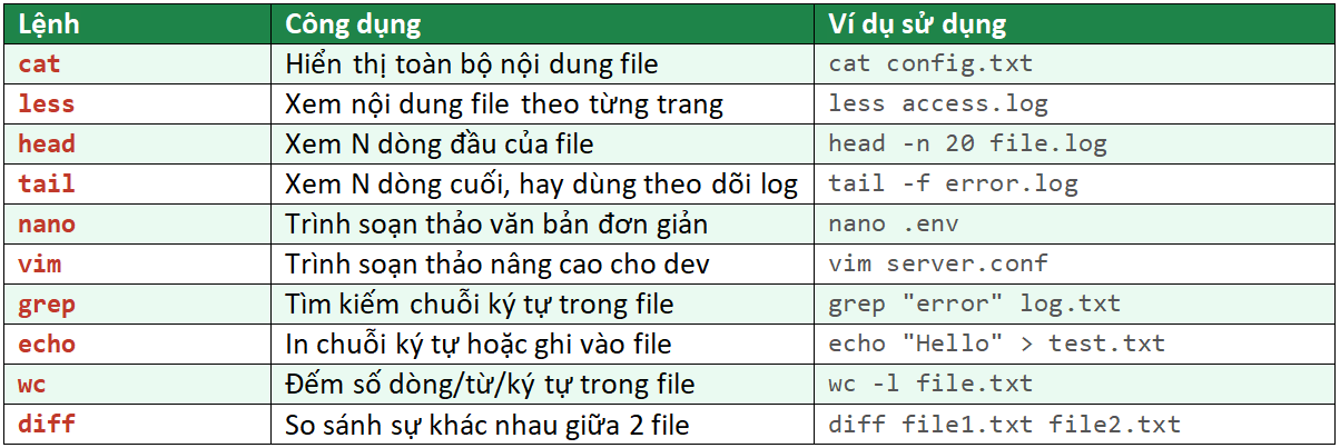 Nhóm lệnh xem và chỉnh sửa nội dung File